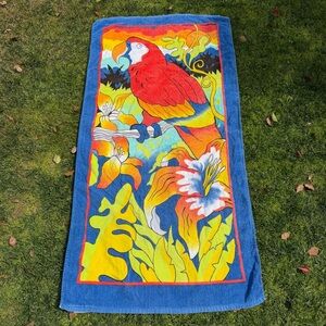 Vintage Cecil Saydah Tropical Parrot Beach Pool Towel Bright Colorful 30x59 GUC